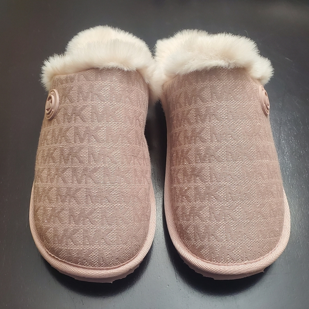 NWOT Michael Kors Janis Faux Fur-Lined Logo Jacquard Slipper